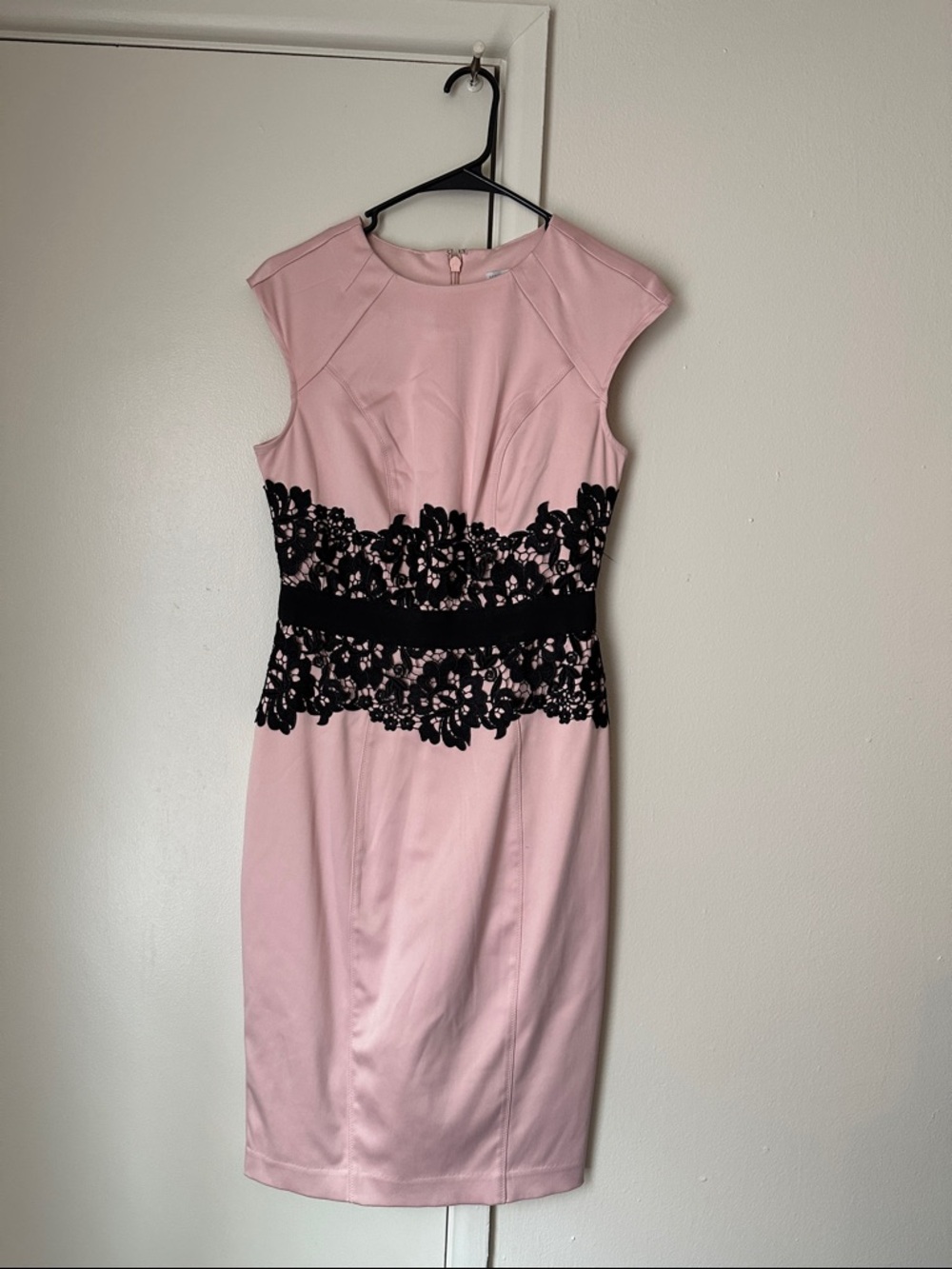 New York & Company Pink Midi Dress with Black Lace Waist
